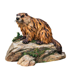 Obraz premium Brown groundhog with textured fur standing on a rocky ledge isolated on transparent background PNG cutout