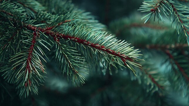 Vibrant green pine tree branch with sharp needles showcasing detailed natural textures in soft ambient lighting