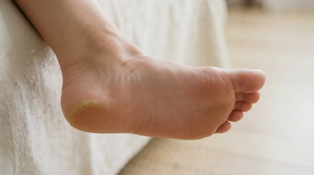 Callus on bottom of human heel. Close-up of dry cracked skin and thick hyperkeratosis on foot sole. Podiatry, dermatology and foot skincare concept