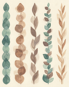 Hand Painted Watercolor Botanical Vertical Leafy Branches Collection in Neutral Earthy Tones for Modern Minimalist Decor