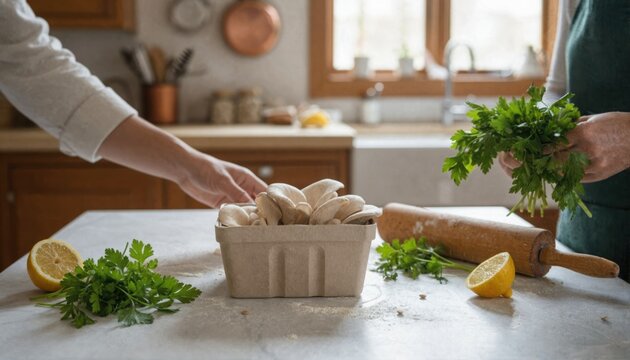 Friends prepping fresh oyster mushrooms in cozy kitchen