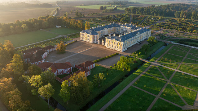 Rundale Palace and French Baroque Gardens at Sunrise in Autumn, Latvia