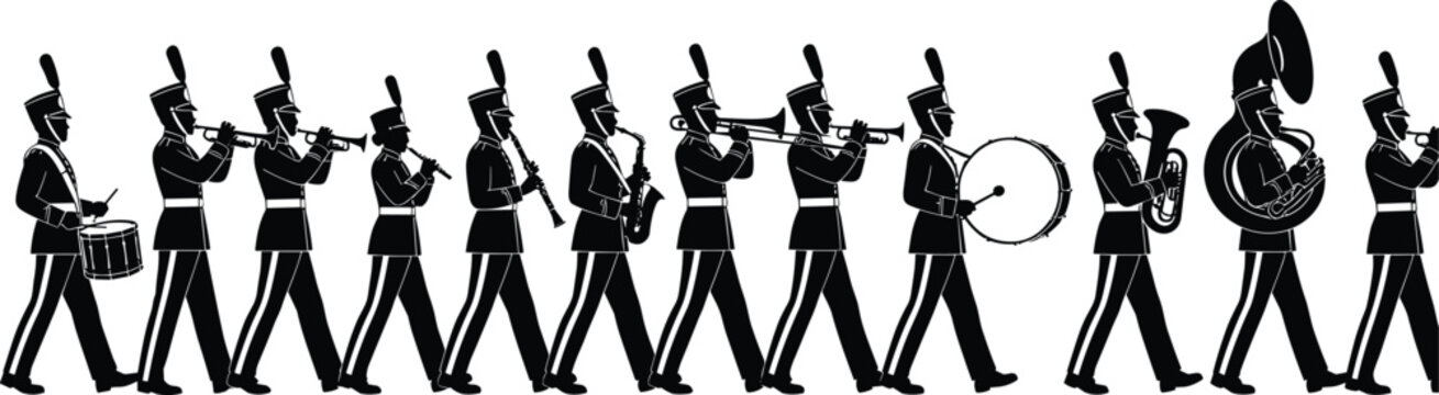 Marching band parade silhouette set with musicians playing drums trumpet saxophone flute trombone tuba brass instruments vector illustration