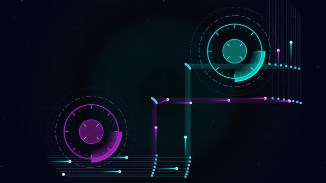 Abstract digital motion background featuring glowing circular hud elements and connected lines in neon blue and purple technology interface circle data cyber