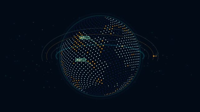 Digital earth globe hud animation with rotating data orbits and network nodes technology