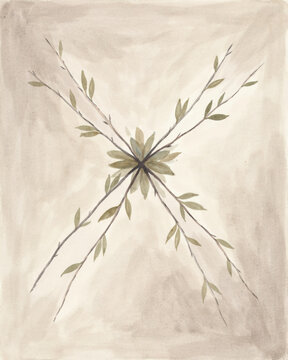 Minimalist Watercolor Painting Featuring an Elegant Cross Pattern of Delicate Willow Branches and Green Leaves on a Soft Neutral Beige Background