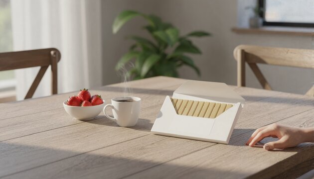 Gourmet chocolate box with a white label on a breakfast table with fresh strawberries