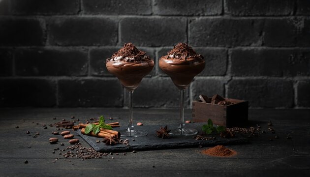Gourmet chocolate mousse in moody restaurant setting