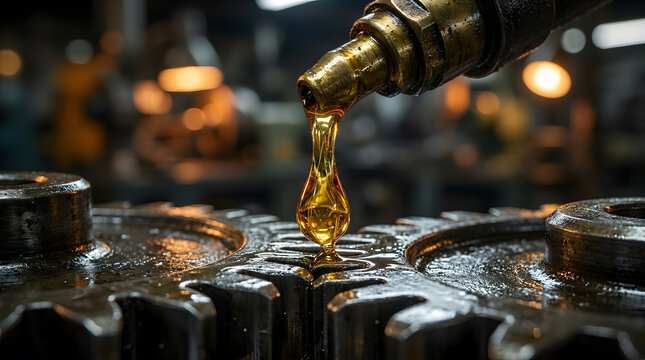 Industrial Gear Lubrication and Maintenance Close-Up | Engine Oil Dripping on Metal Gears Concept | Machine Mechanical Parts Lubrication Process Photo