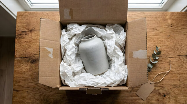 Eco Friendly Packaging Ceramic Vase in Box | Top View Unboxing Fragile Ceramic Decor Item | Safe Shipping Packaging with Paper Cushioning