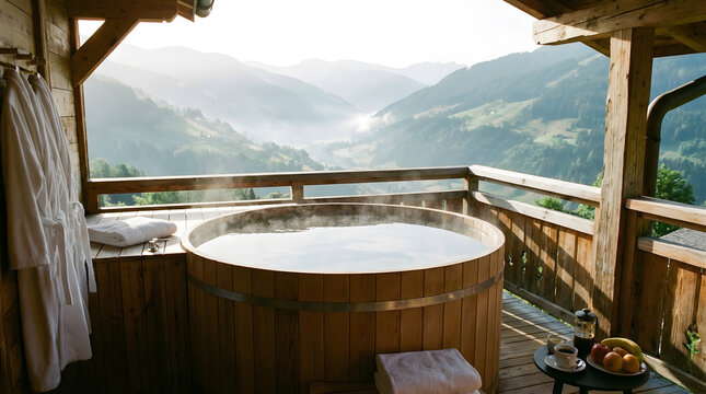 Luxury Outdoor Wooden Hot Tub with Mountain View | Relaxation Hot Tub Experience on Cabin Balcony | Scenic Alpine Wellness Retreat with Wooden Jacuzzi