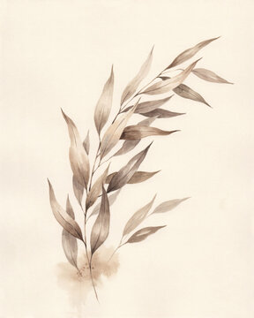Hand Drawn Botanical Watercolor Illustration Featuring A Graceful Willow Branch On Vintage Textured Paper Background