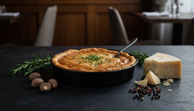 Gourmet savory tart in dramatic low-key restaurant setting