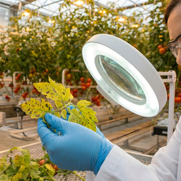 Agronomist Inspecting Plant Leaf Disease with Magnifying Glass | Greenhouse Crop Health Inspection and Pathology | Plant Pathologist Examining Tomato Leaf Spots
