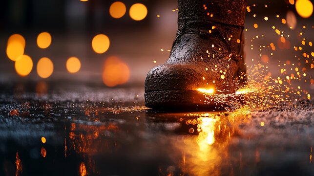 Mud-caked boot splashing in a puddle at night, sparks flying.