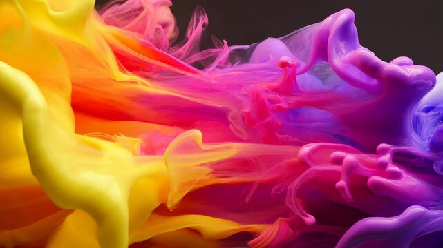 Colorful liquid paint swirls and spreads in flowing ribbons against a dark background