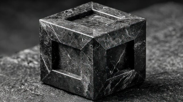 Mysterious Ancient Stone Cube Artifact on Rough Surface.