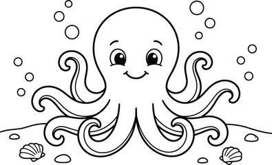 Cute cartoon octopus with bubbles and seashells on a white background illustration © Masum