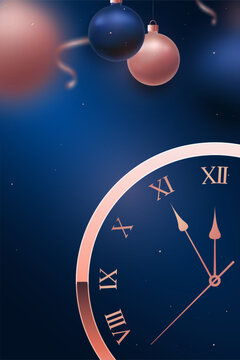 A vertical New Year countdown clock design features dark blue and rose gold baubles, with ample copy space for text.