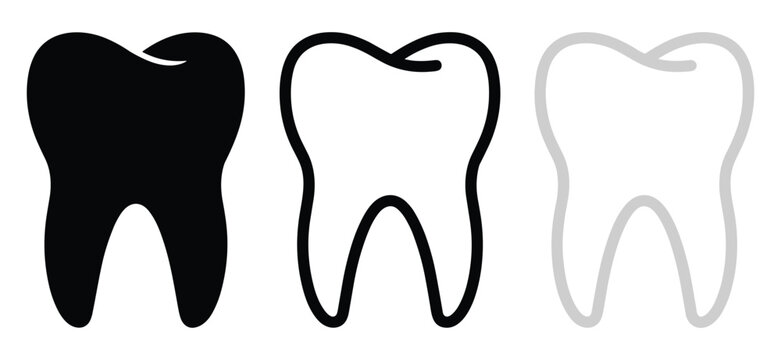 Set of three tooth icons showing solid black outline and light gray variations for dental design projects
