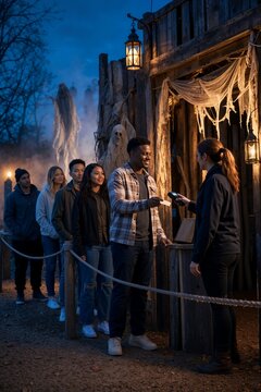Visitors queuing at haunted house attraction during Halloween event. Group of young adults waiting in line at entrance ticket booth at dusk