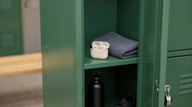 Wireless earbuds in charging case inside open green gym locker. Audio accessory, folded towel, water bottle, and shoe stored on locker shelves