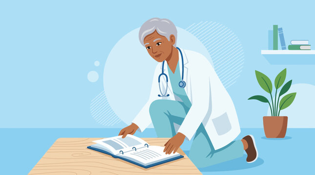 Elderly doctor looking at medical book on transparent background