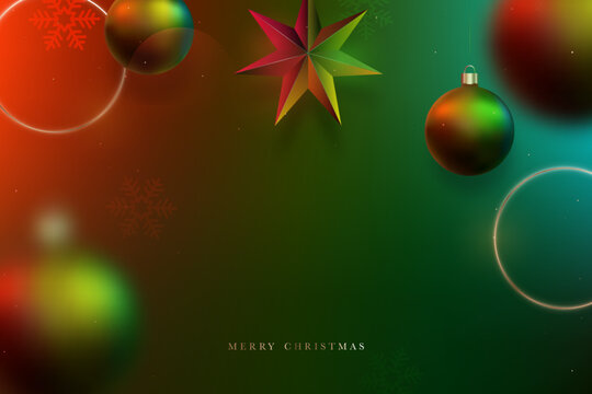 Colorful baubles and stars adorn a rich green and red Christmas background, perfect for adding a personalized message.
