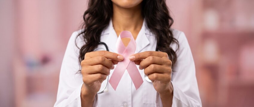 Banner de Outubro Rosa. M&eacute;dica brasileira de jaleco segurando a fita rosa do m&ecirc;s de conscientiza&ccedil;&atilde;o sobre o c&acirc;ncer de mama. Cabe&ccedil;alho para site.