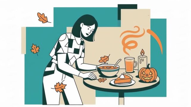 Woman enjoys a warm autumnal meal with pumpkin pie and juice on a crisp fall