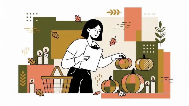 A woman selects pumpkins and candles for autumn decoration a festive seasonal shopping experience