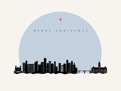 Minneapolis skyline with falling snow in a pale blue circle, red star and Merry Christmas text.