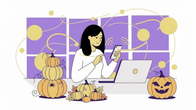 Woman uses smartphone at desk surrounded by pumpkins and Halloween decorations on purple background