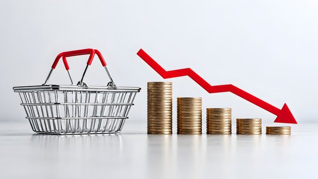 Decreasing purchasing power concept with a metal shopping basket shrinking stacks of gold coins and red downward arrow illustrating consumer inflation
