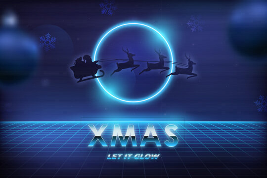 A horizontal retro 80s synthwave design features a glowing sleigh and reindeer against a neon blue and pink backdrop, perfect for holiday greetings.
