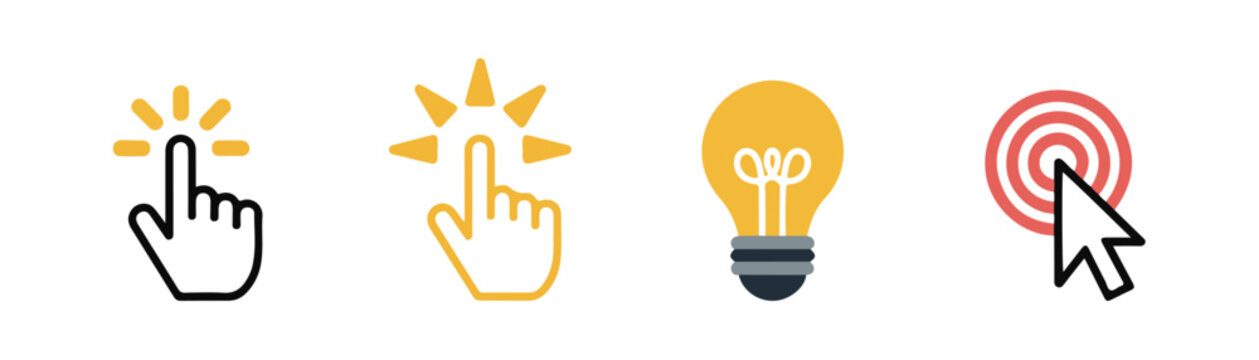 click hand and cursor icons with lightbulb and target symbol on transparent background for ideas and interaction concepts.