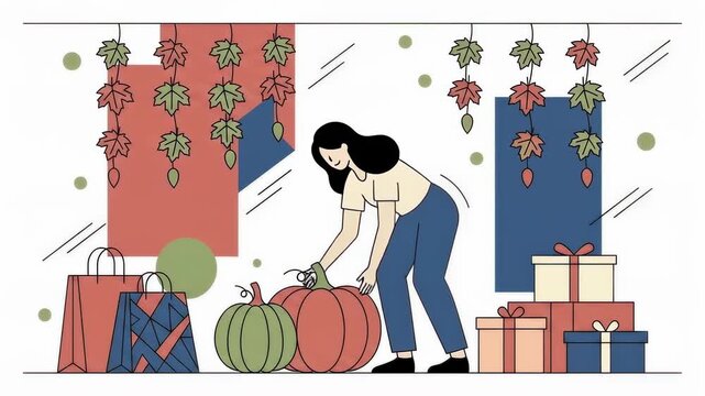 Woman arranging pumpkins and gifts for a festive autumn or harvest celebration