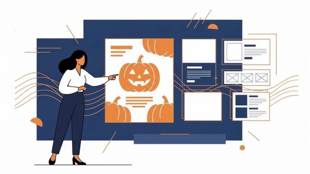 Designer presents a halloween poster featuring a jack o lantern with pumpkins and festive elements