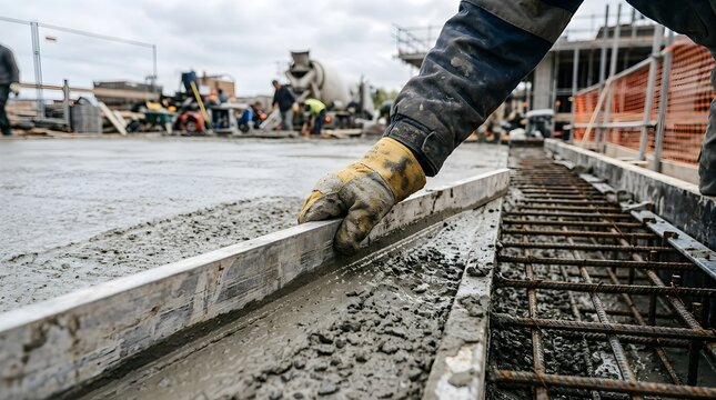 Construction worker leveling wet concrete with a screed board on a building site, preparing a foundation with steel rebar reinforcement in the foreground
