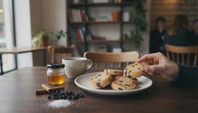 Person enjoying traditional welsh cakes with tea in cafe