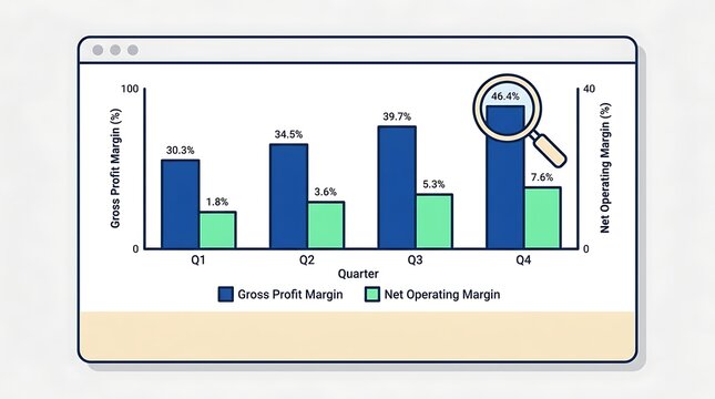 Quarterly financial bar chart showing profit margins with magnifying glass