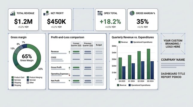 Business financial dashboard template with charts and performance metrics