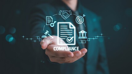 Obraz premium Business professional holding compliance icons in hand with blue bokeh background