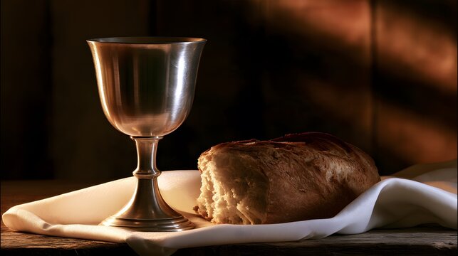 Silver chalice and crusty bread on white cloth on wooden table