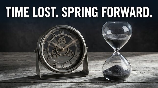 Daylight saving time concept with vintage clock and hourglass on wood table