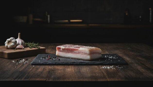 Premium cured fatback on moody dark background