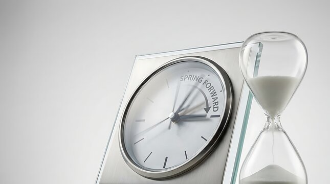 Daylight saving time clock with spring forward text and hourglass