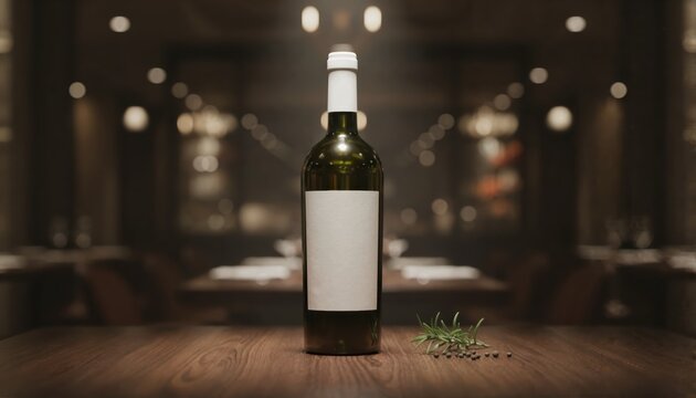 Premium dark green wine bottle with a white label in a moody restaurant