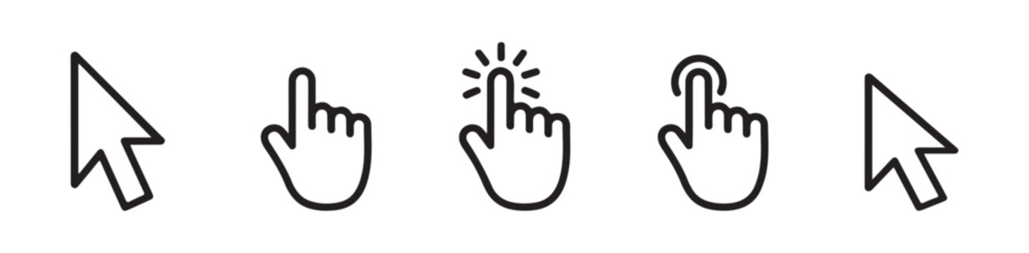 Computer cursor icons and hand pointers for digital interface clicks and selections on a transparent background.