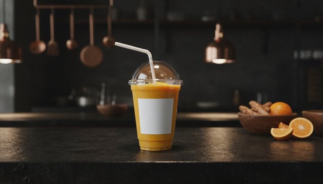 Premium orange smoothie with a white label on a dark basalt counter